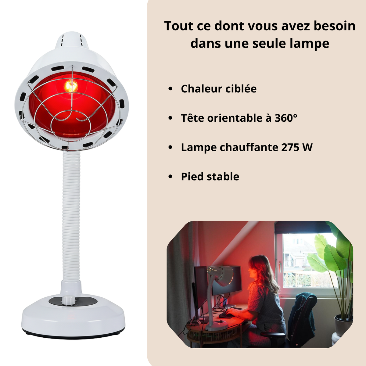 Luxyor Redlight 120 blanche, lampe chauffante infrarouge 275 W avec tête orientable à 360 degrés