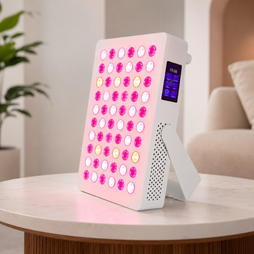 Luxyor Lumi 110 hvid på et sidebord i marmor i en stue med det røde lys tændt