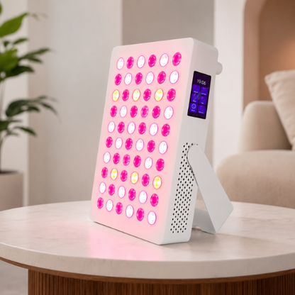 Luxyor Lumi 110 hvid på et sidebord i marmor i en stue med det røde lys tændt