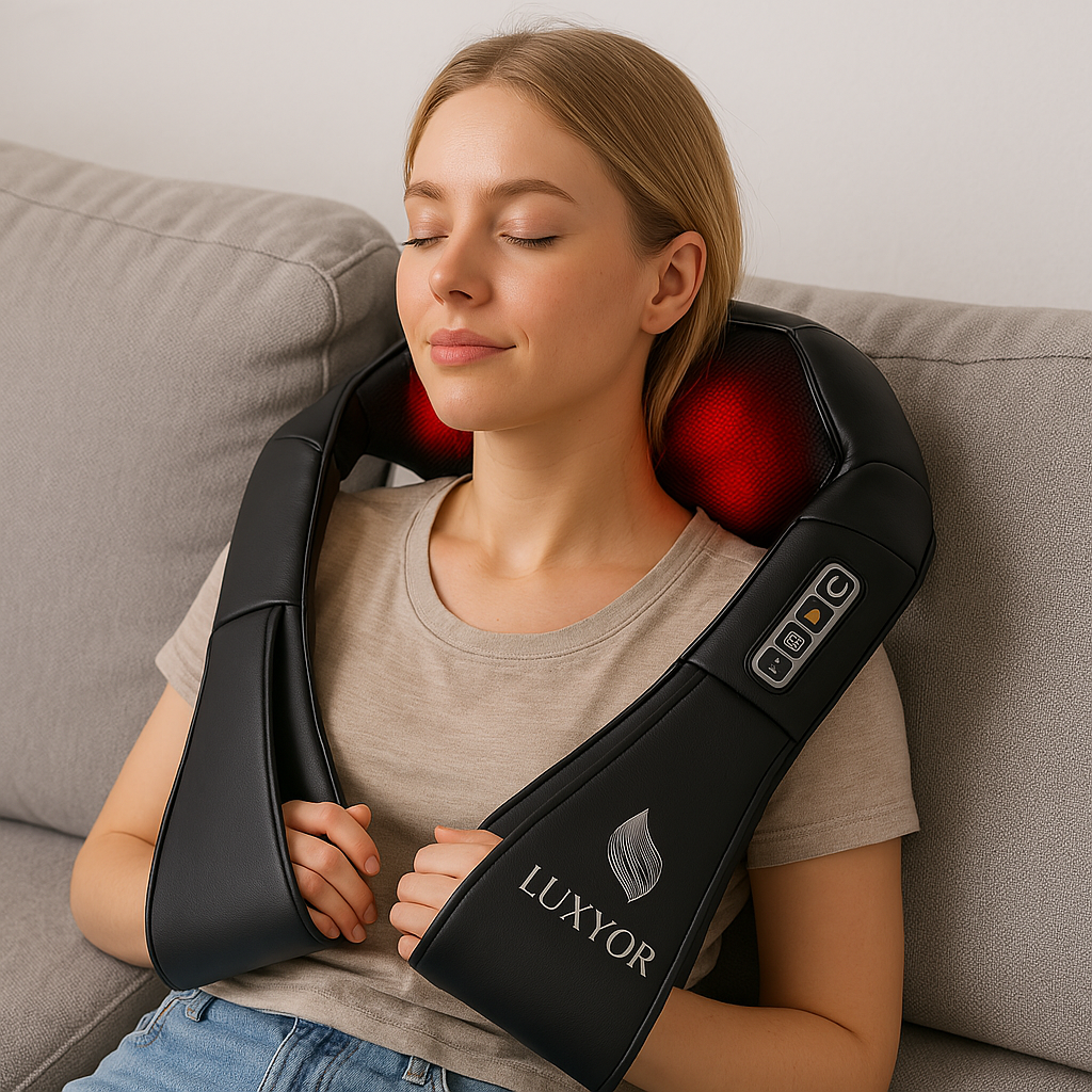 Luxyor Shiatsu massage cushion in use on neck and shoulders, relaxation