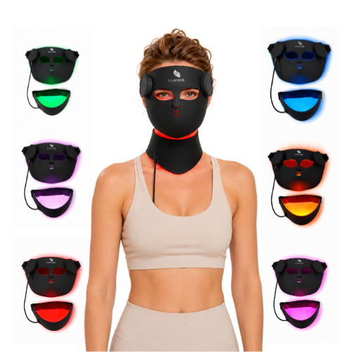Luxyor RedLight LED face mask with neck wrap, worn and shown in six light colours