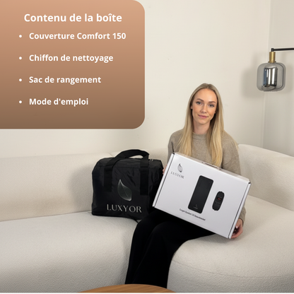 Contenu Luxyor Comfort 150 : couverture de sauna, chiffon de nettoyage, sac de rangement et mode d'emploi