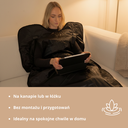 Koc do sauny na podczerwień Luxyor Comfort 150 na kanapie, bez montażu i przygotowań