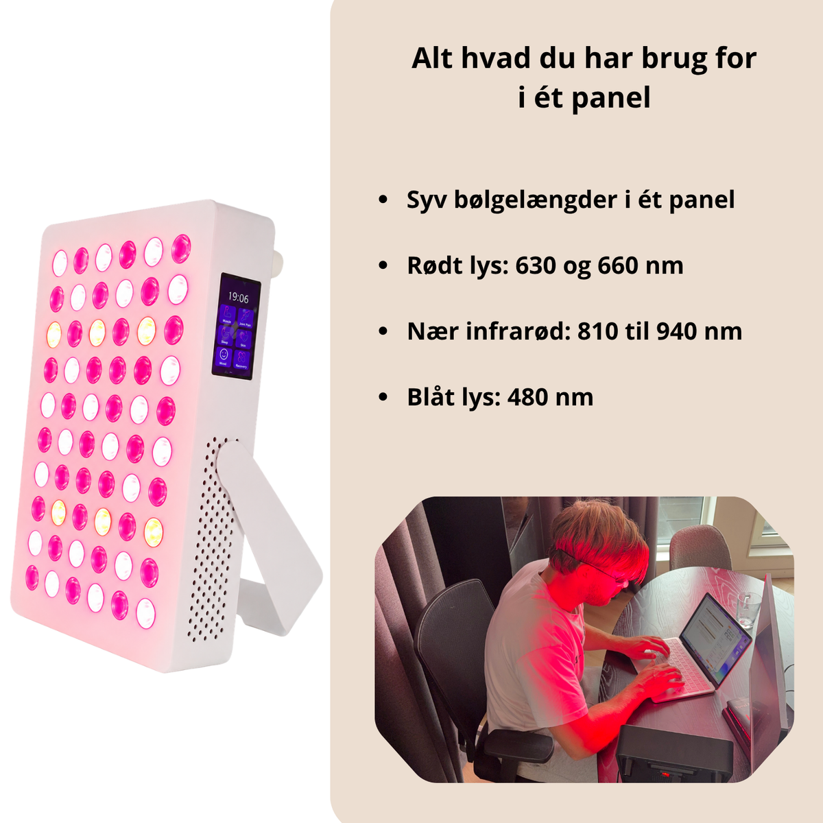 Luxyor Lumi 110 hvid rødlyspanel: rødt lys 630 og 660 nm, nær infrarød 810 til 940 nm, blåt lys 480 nm
