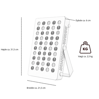 Mål Luxyor Lumi 110 hvid: højde ca. 31,5 cm, bredde ca. 21,5 cm, dybde ca. 6 cm, vægt ca. 2,5 kg