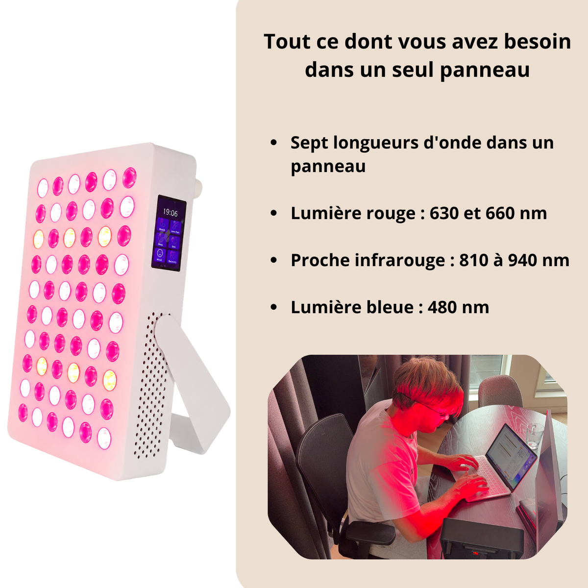 Panneau de lumière rouge Luxyor Lumi 110 blanc : lumière rouge 630 et 660 nm, proche infrarouge 810 à 940 nm, lumière bleue 480 nm