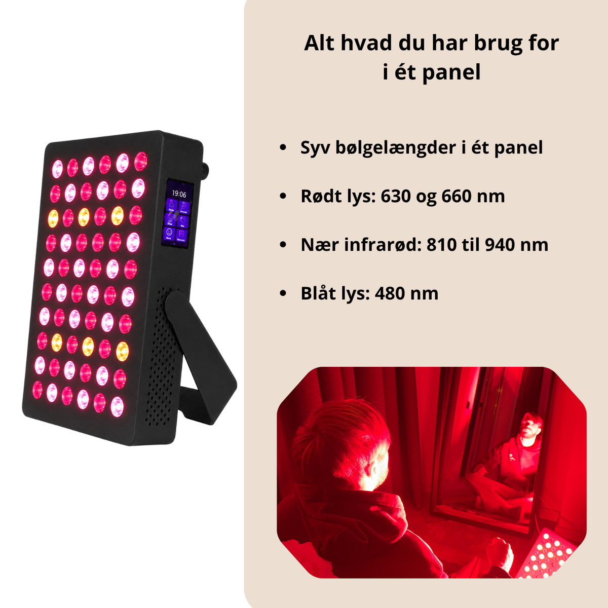 Luxyor Lumi 110 sort rødlyspanel: rødt lys 630 og 660 nm, nær infrarød 810 til 940 nm, blåt lys 480 nm