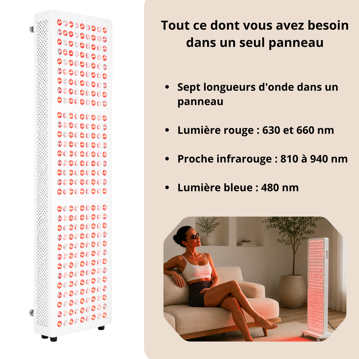 Luxyor Lumi 700 blanc : lumière rouge 630 et 660 nm, proche infrarouge 810 à 940 nm, lumière bleue 480 nm