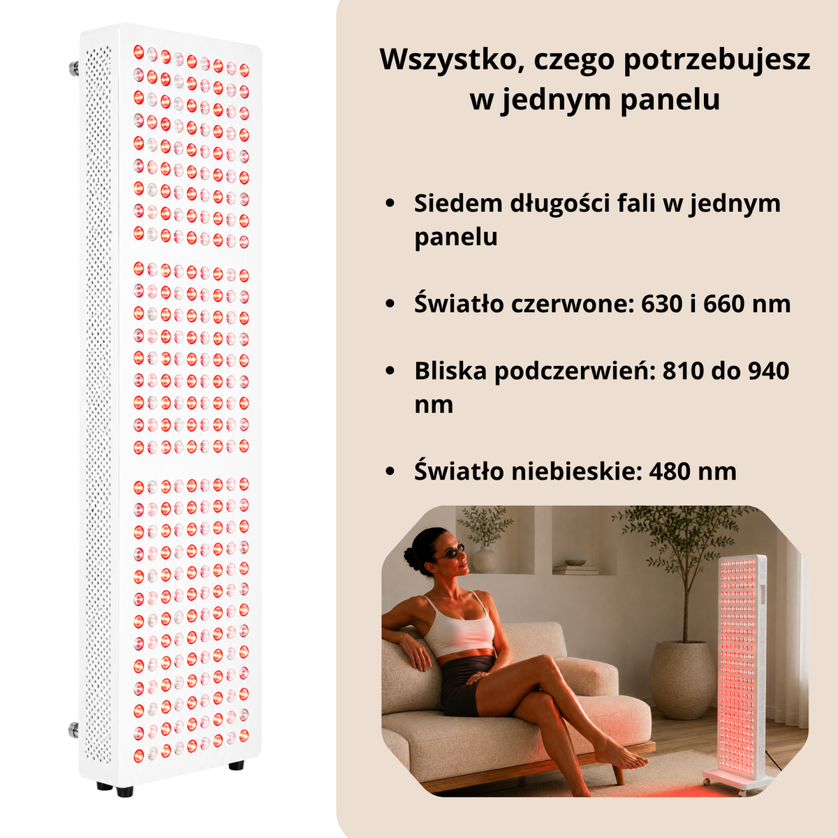 Luxyor Lumi 700 biały: światło czerwone 630 i 660 nm, bliska podczerwień 810 do 940 nm, światło niebieskie 480 nm