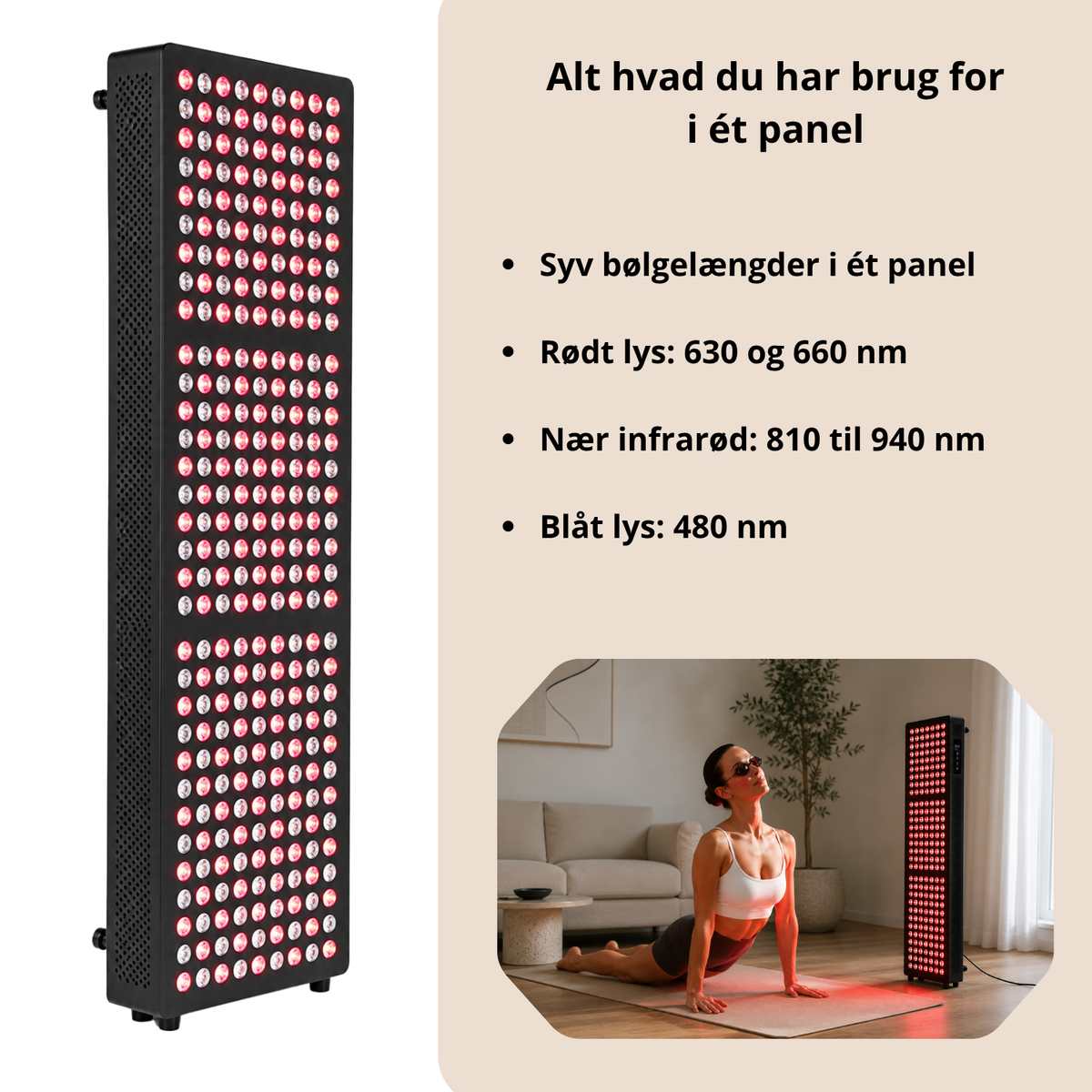 Luxyor Lumi 700 sort: rødt lys 630 og 660 nm, nær infrarød 810 til 940 nm, blåt lys 480 nm