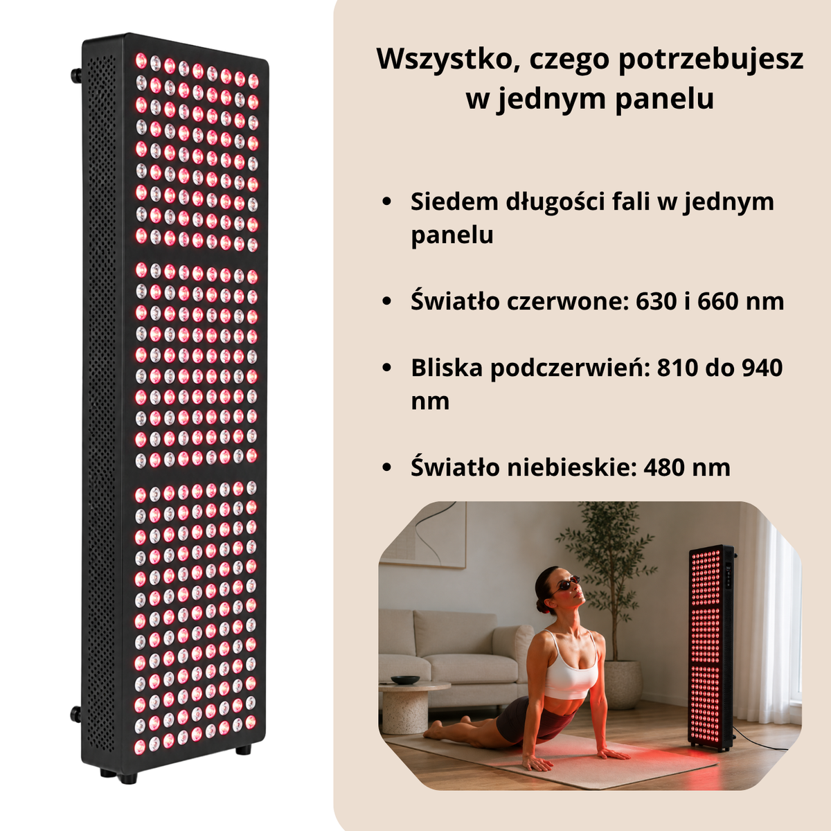 Luxyor Lumi 700 czarny: światło czerwone 630 i 660 nm, bliska podczerwień 810 do 940 nm, światło niebieskie 480 nm