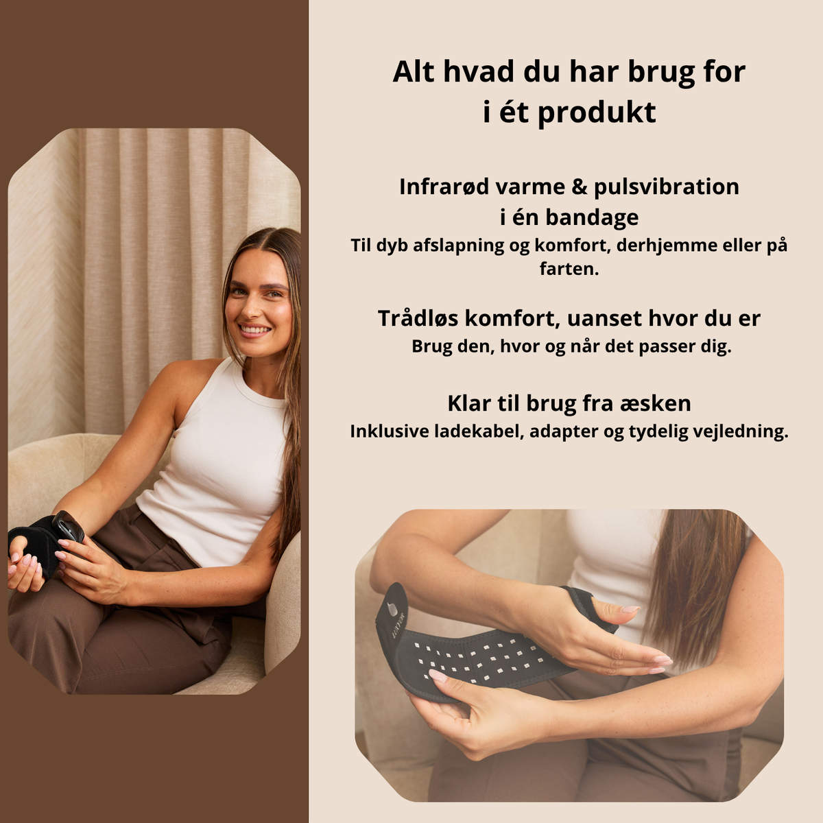 Pulsebrace 110 infrarød varme og pulsvibration i én bandage, klar til brug med ladekabel og adapter