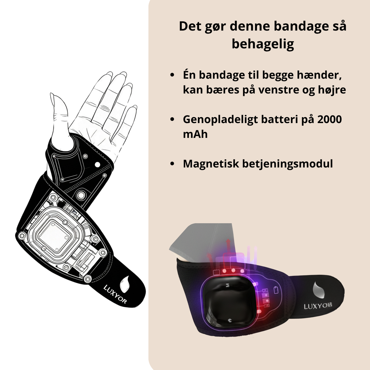 Pulsebrace 110 til venstre og højre hånd, genopladeligt batteri på 2000 mAh og magnetisk betjeningsmodul