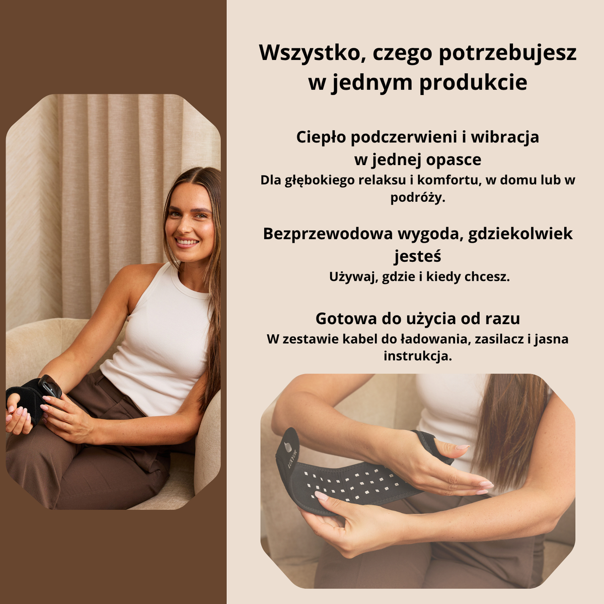 Pulsebrace 110 ciepło podczerwieni i wibracja w jednej opasce, gotowa do użycia z kablem i zasilaczem