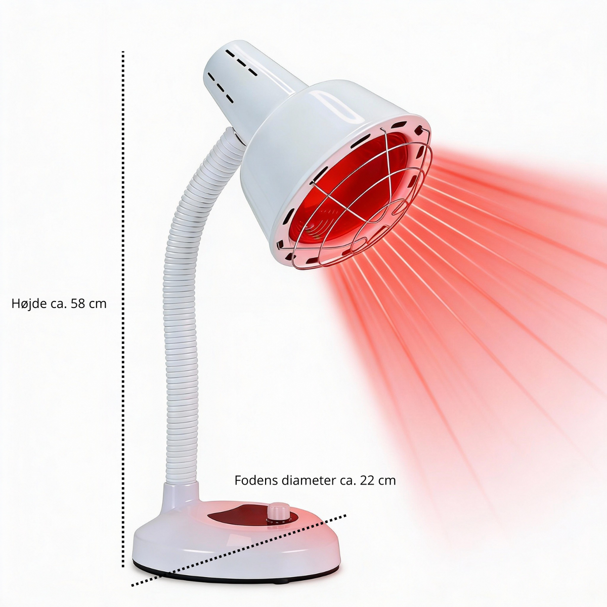 Mål Luxyor Redlight 120 hvid: højde ca. 58 cm, fodens diameter ca. 22 cm