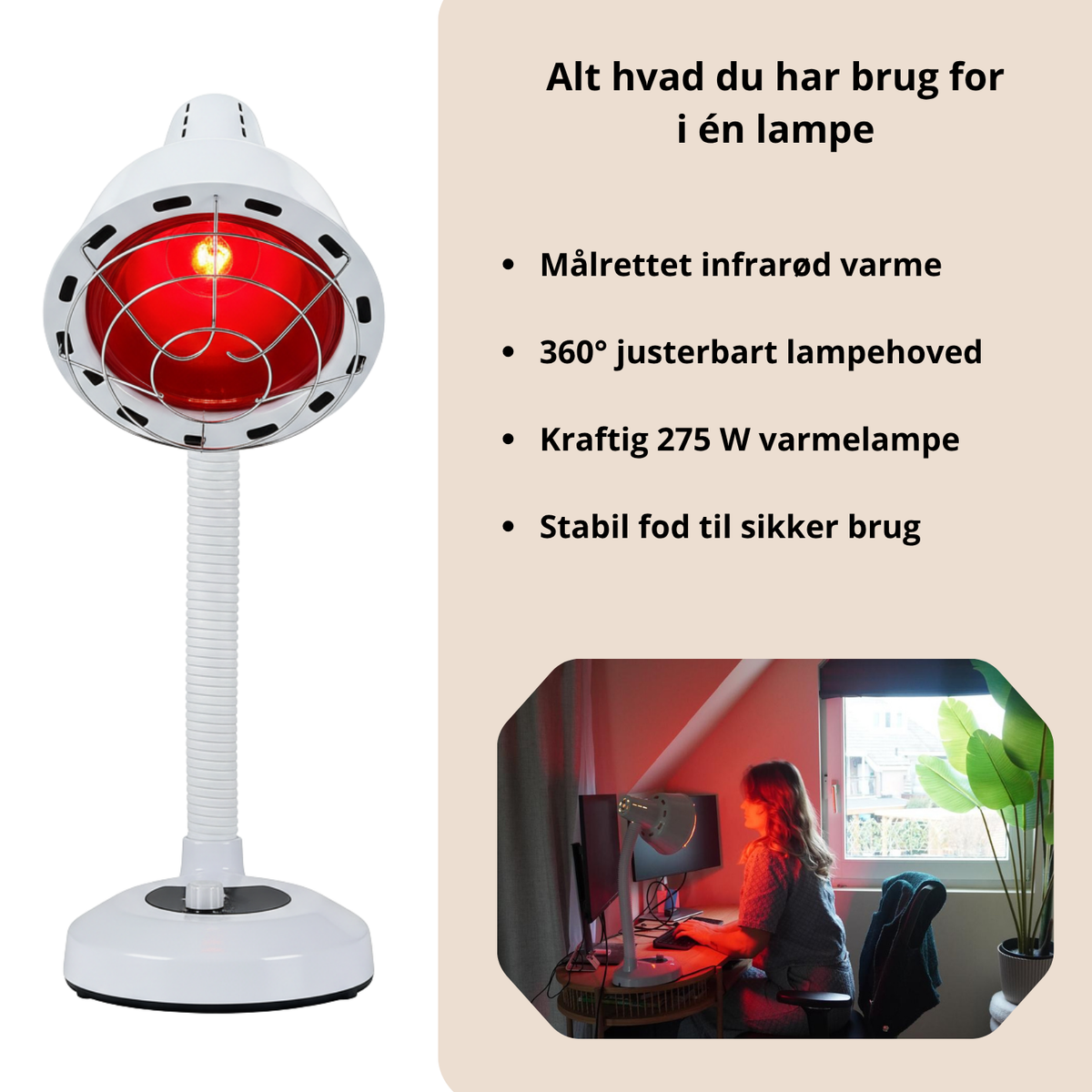Luxyor Redlight 120 hvid 275 W infrarød varmelampe med 360 grader justerbart lampehoved