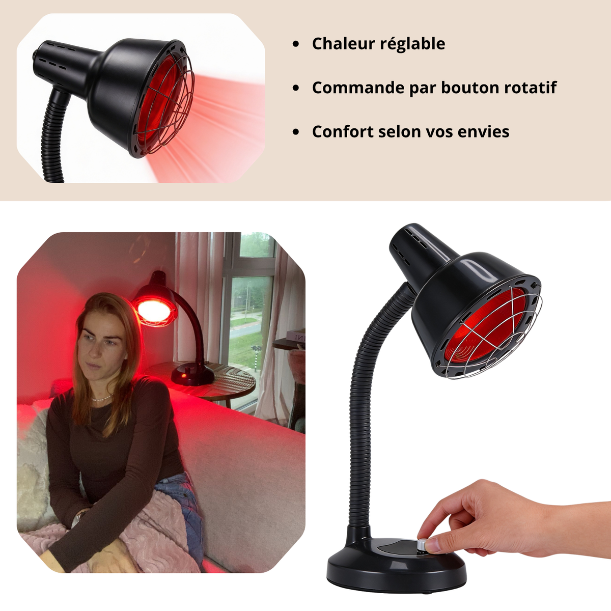 Luxyor Redlight 120 noire : chaleur réglable par bouton rotatif