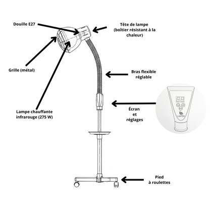 Composition de la lampe infrarouge Luxyor Redlight 160 sur pied à roulettes : douille E27, grille en métal, bras flexible réglable et écran