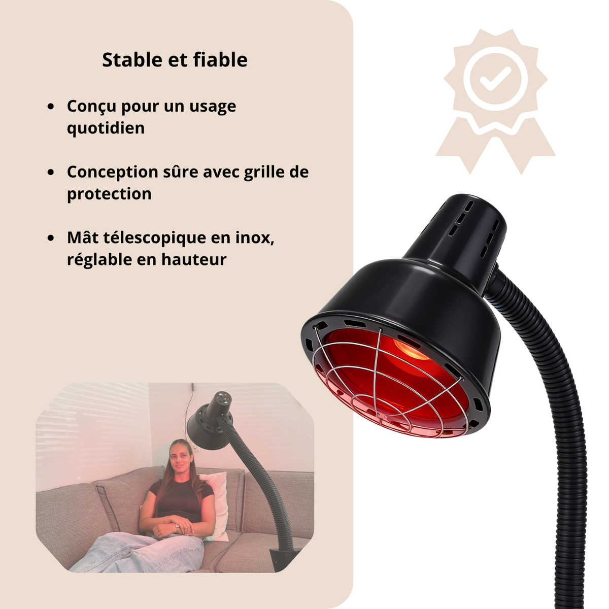Redlight 160 lampe infrarouge stable et fiable avec grille de protection et mât télescopique en inox réglable en hauteur