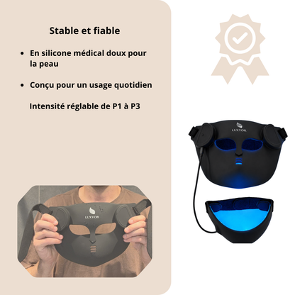 Masque Luxyor RedLight en silicone médical doux pour la peau, intensité réglable de P1 à P3