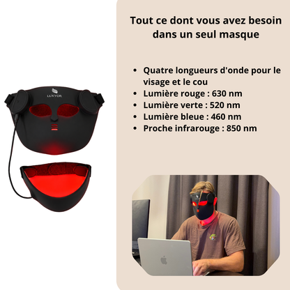 Masque Luxyor RedLight pour le visage et le cou : lumière rouge 630 nm, lumière verte 520 nm, lumière bleue 460 nm, proche infrarouge 850 nm