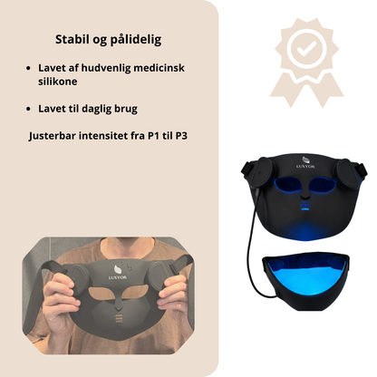Luxyor RedLight maske af hudvenlig medicinsk silikone, justerbar intensitet fra P1 til P3