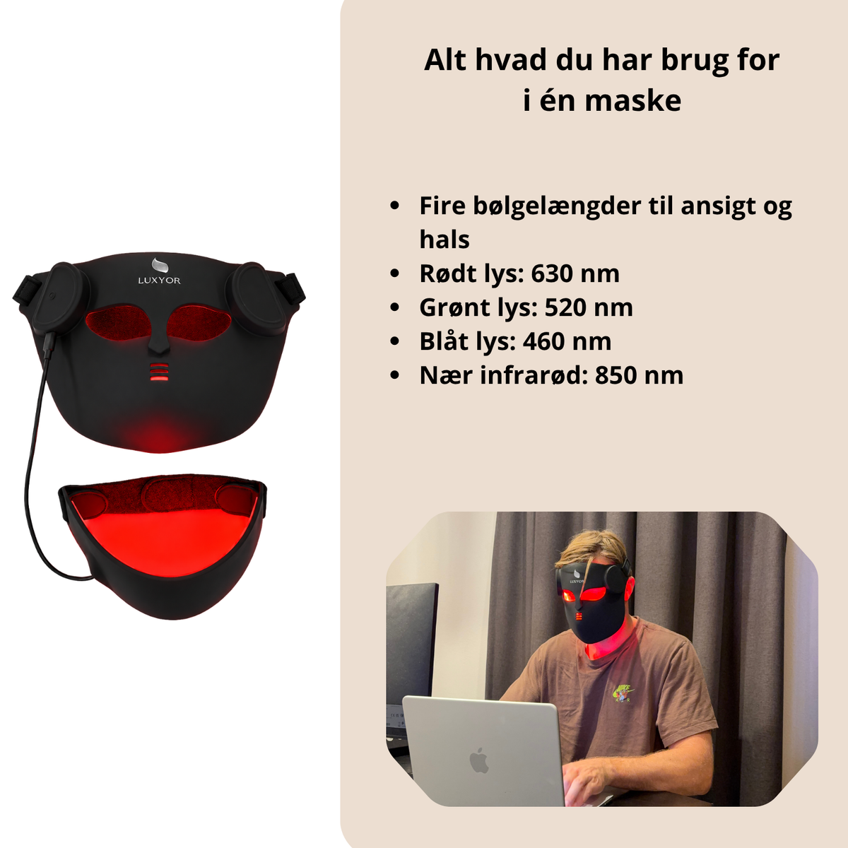 Luxyor RedLight maske til ansigt og hals: rødt lys 630 nm, grønt lys 520 nm, blåt lys 460 nm, nær infrarød 850 nm