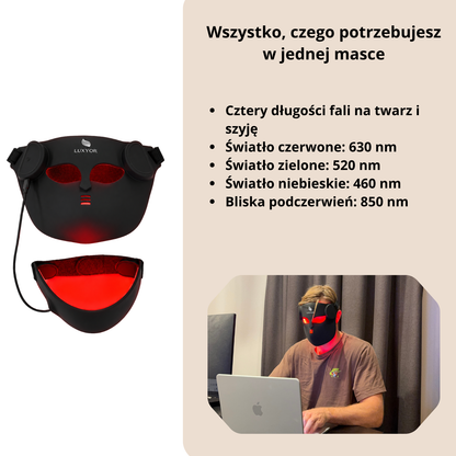 Maska RedLight Luxyor na twarz i szyję: światło czerwone 630 nm, zielone 520 nm, niebieskie 460 nm, bliska podczerwień 850 nm